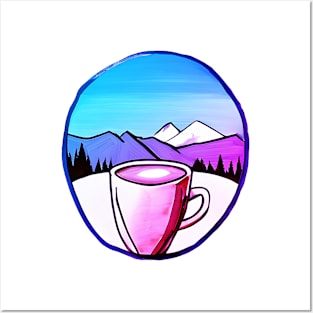 Watercolor Coffee And Mountains Pink, Retro Drink Coffee Outdoors, Cool hiker gift Posters and Art